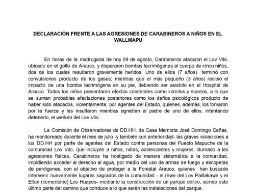 Declaración frente a las agresiones de carabineros a niños en el Wallmapu