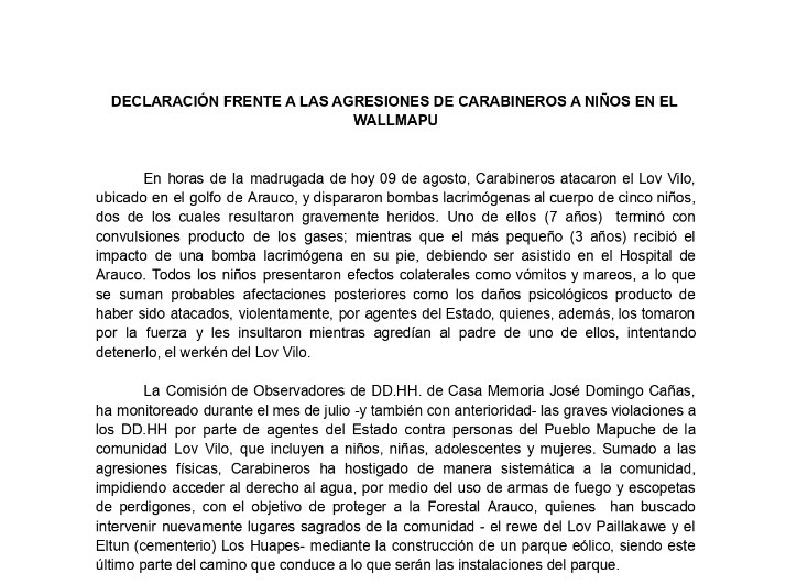 Declaración frente a las agresiones de carabineros a niños en el Wallmapu